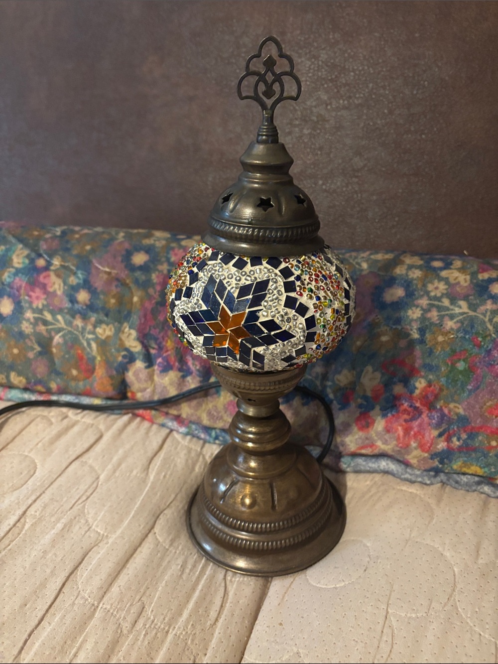 Turkish Mosaic Table Lantern in Blue, White & Amber - Decorative Accent Lamp